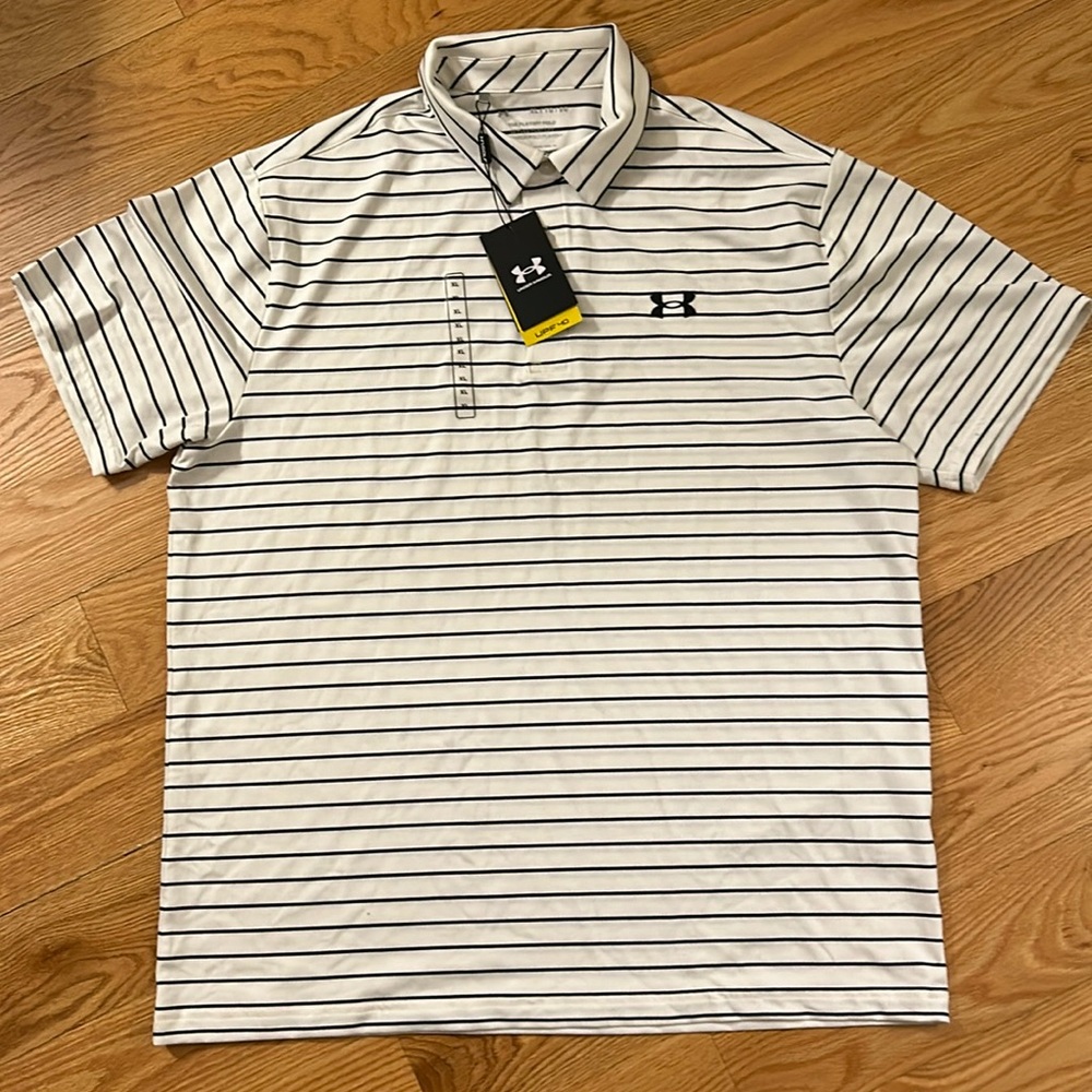 Under Armour Mens XL Navy and White striped Playoff Polo NWT